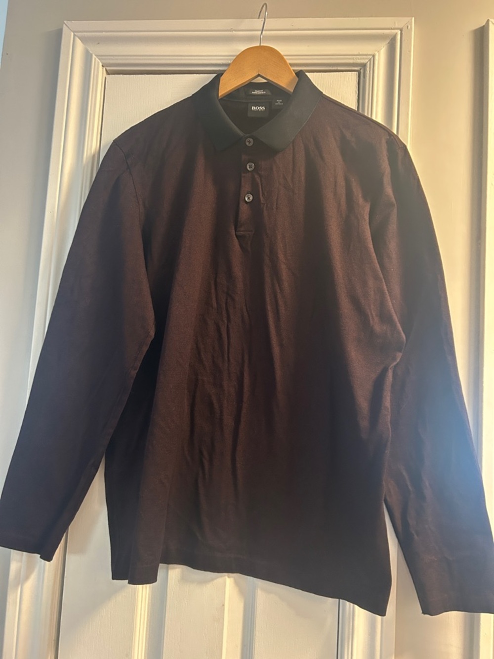 BOSS Long-Sleeve Polo in Deep Maroon, with black collar